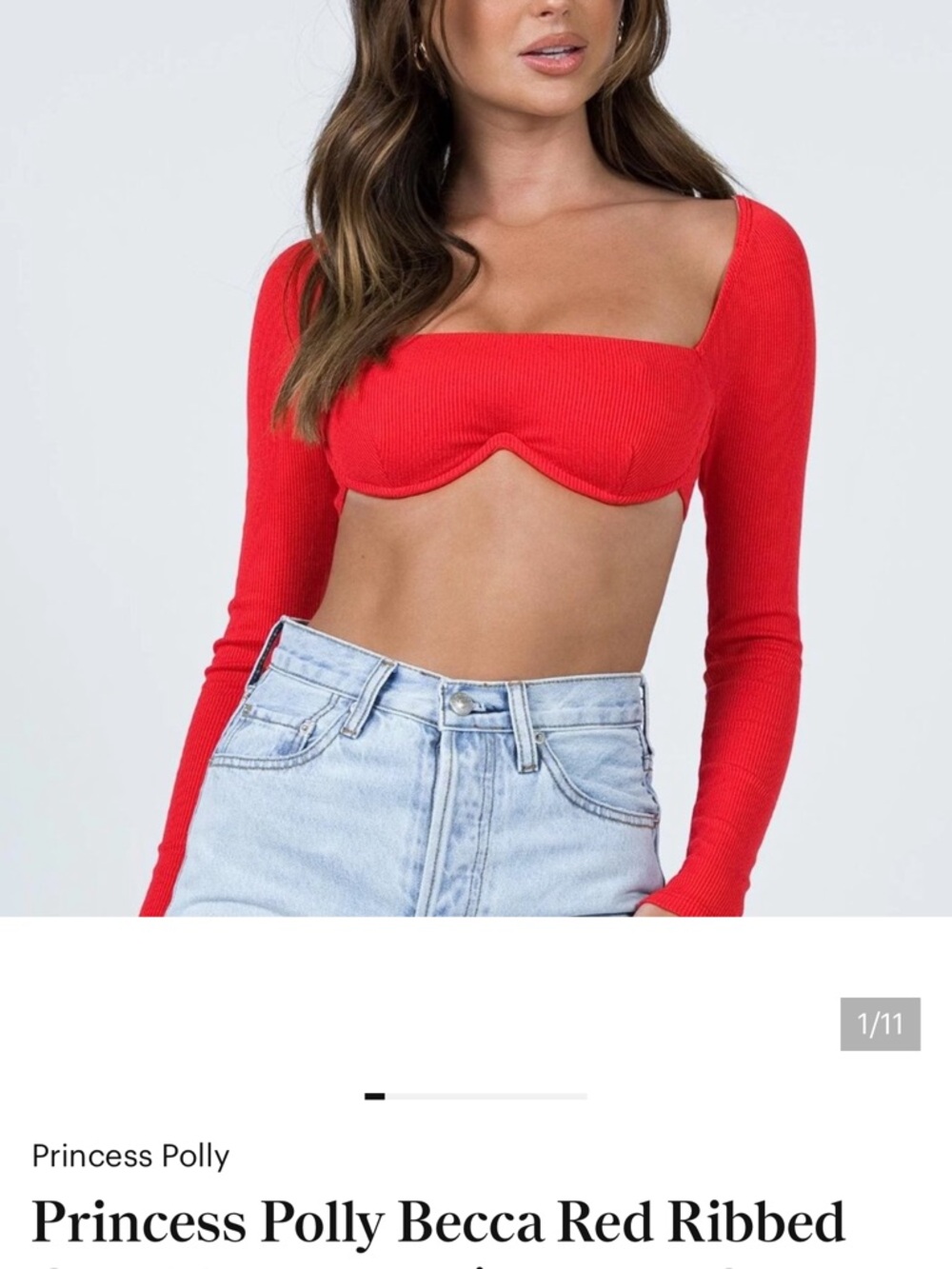 Princess Polly Red Ribbed Underwire-Style Long Sleeve Crop Top